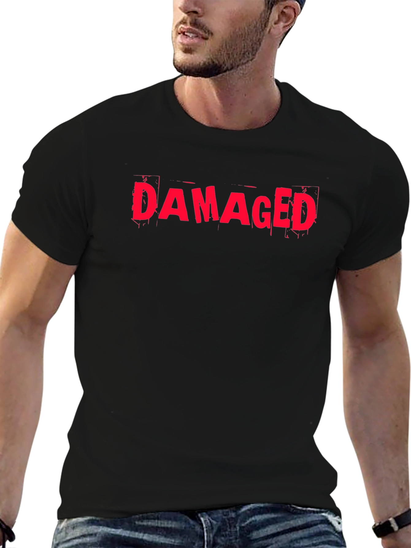 Damaged Graphic Tee - Black Cotton Casual T-Shirt