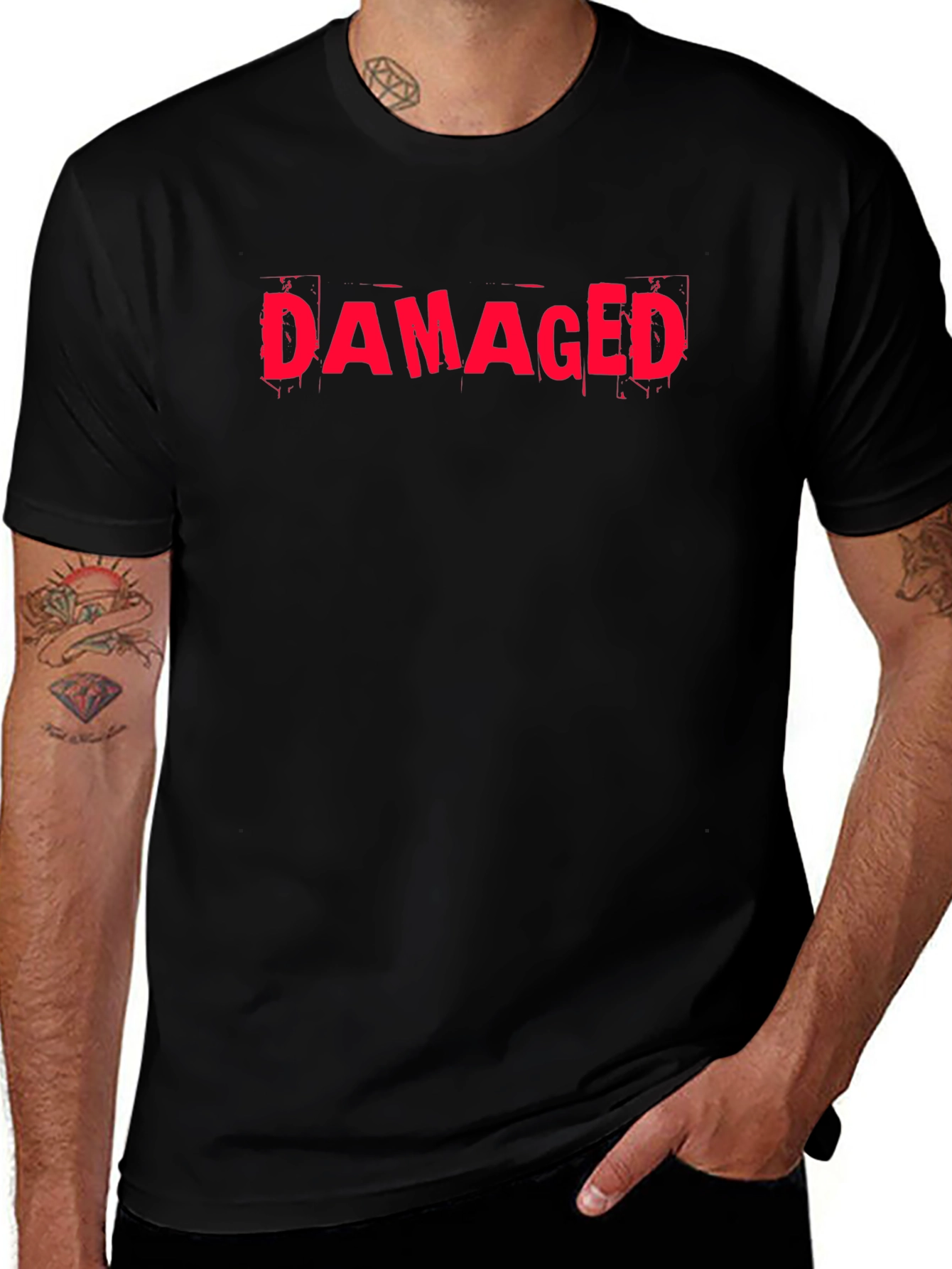 Damaged Graphic Tee - Black Cotton Casual T-Shirt