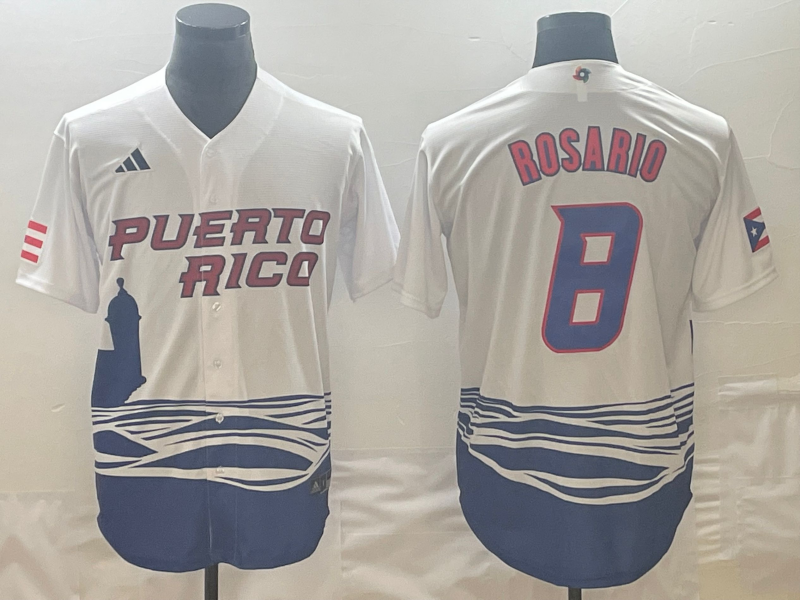 Men's 2023 World Baseball Classic #8 Eddie Rosario Puerto Rico White Jerseys