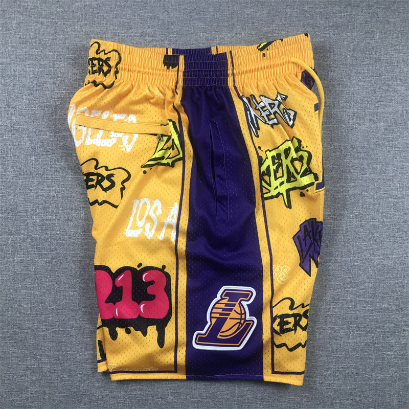 Men's Los Angeles Lakers Yellow Graffiti Edition Pocket Shorts1