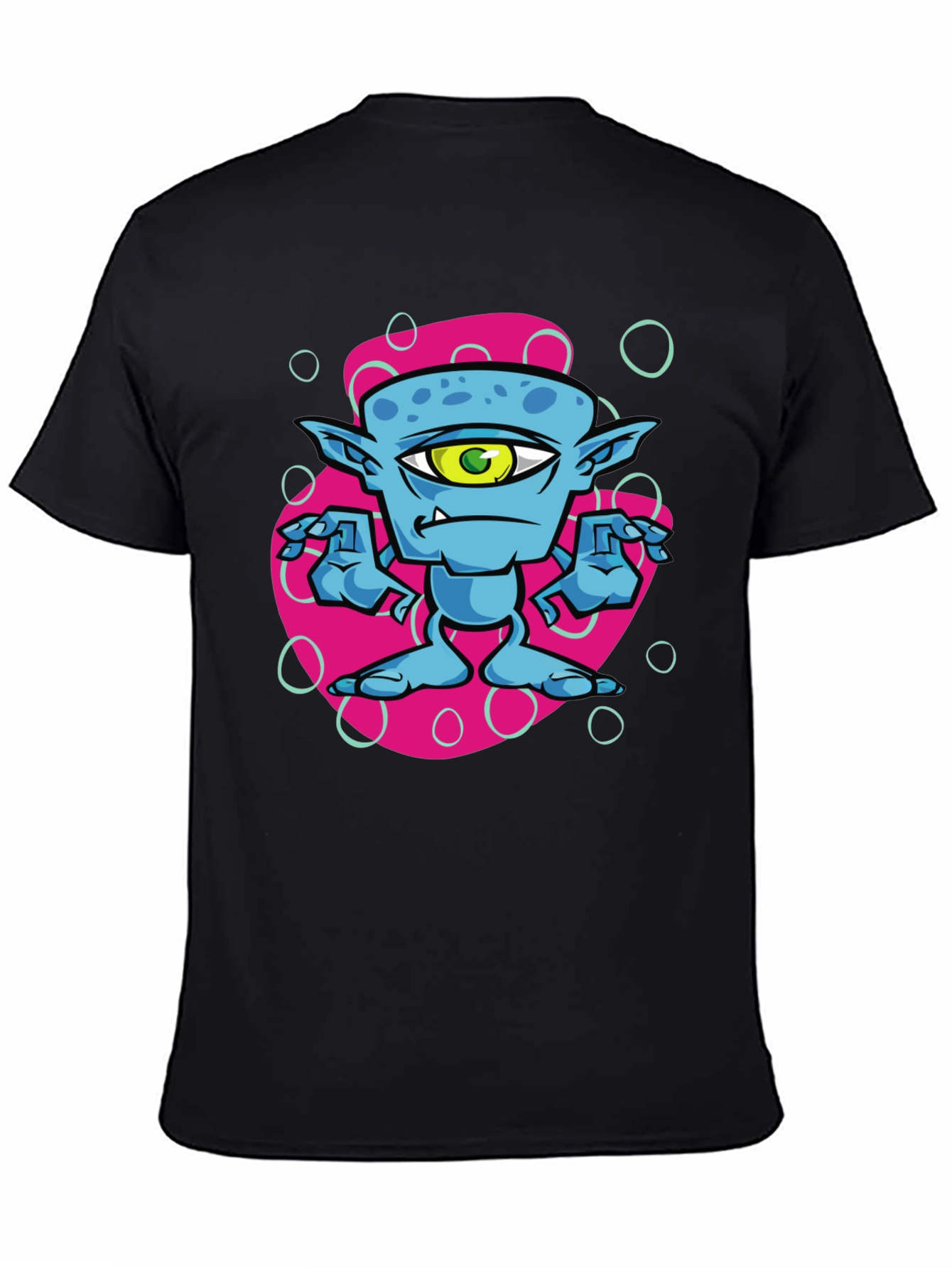 One-Eyed Alien Cartoon Graphic Tee - Black