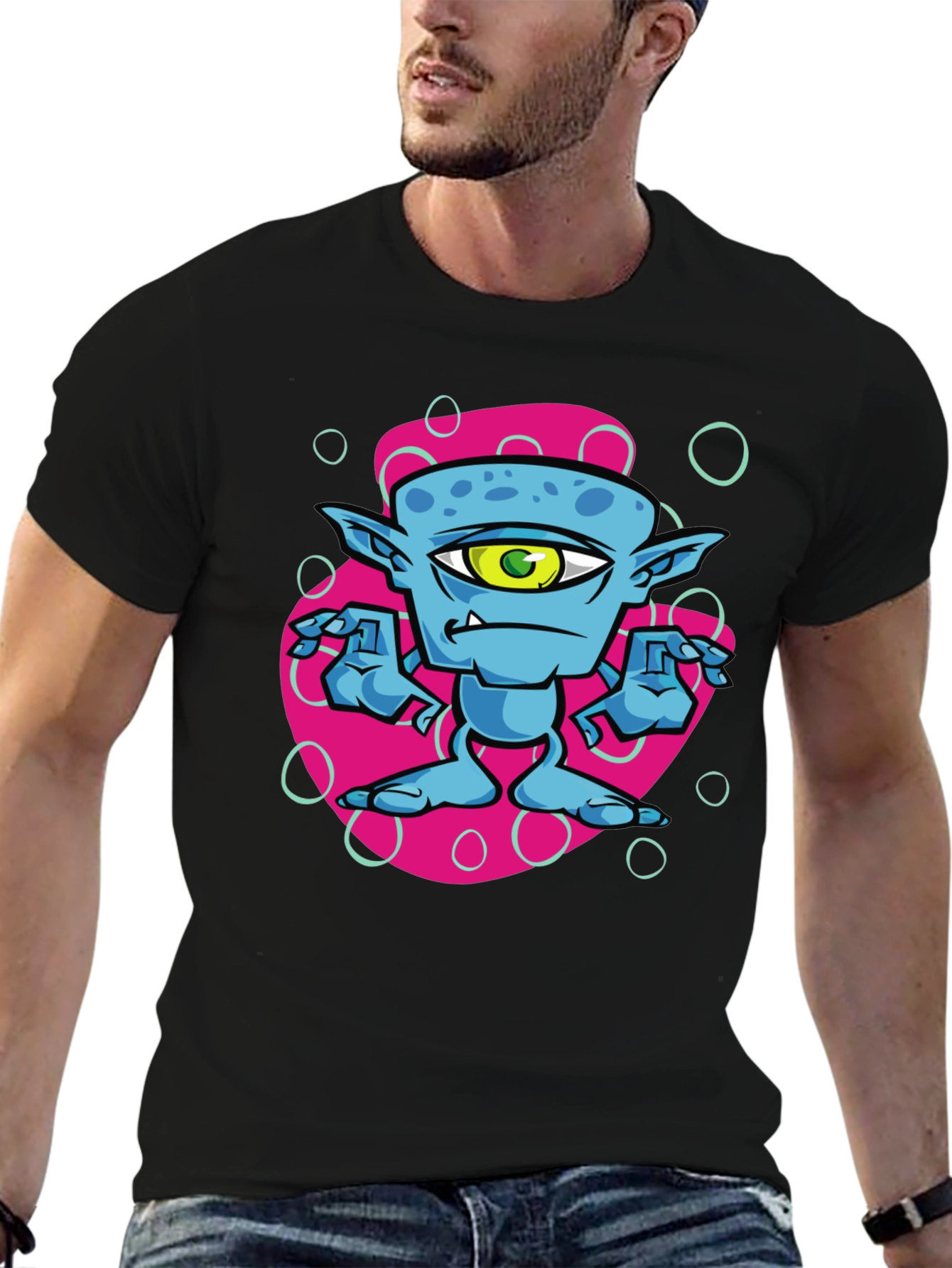 One-Eyed Alien Cartoon Graphic Tee - Black