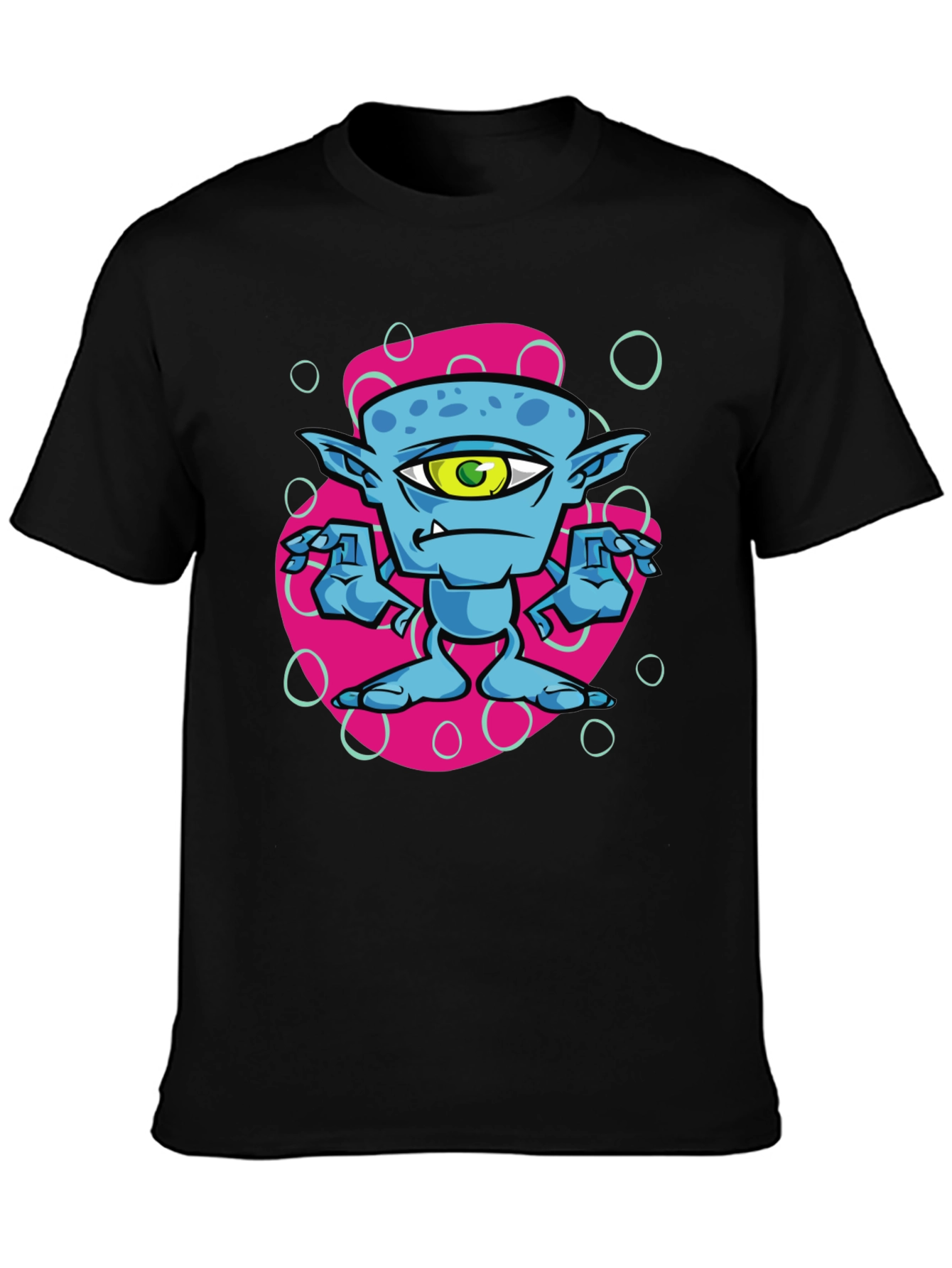 One-Eyed Alien Cartoon Graphic Tee - Black