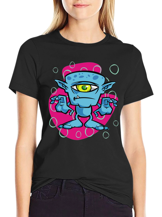 One-Eyed Alien Cartoon Graphic Tee - Black