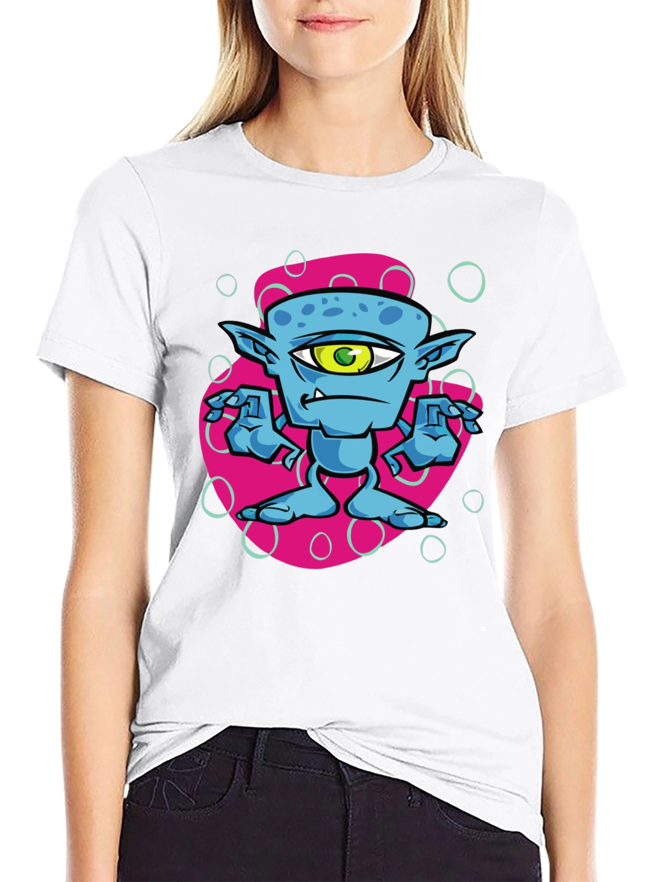 One-Eyed Alien Cartoon Graphic Tee - Black