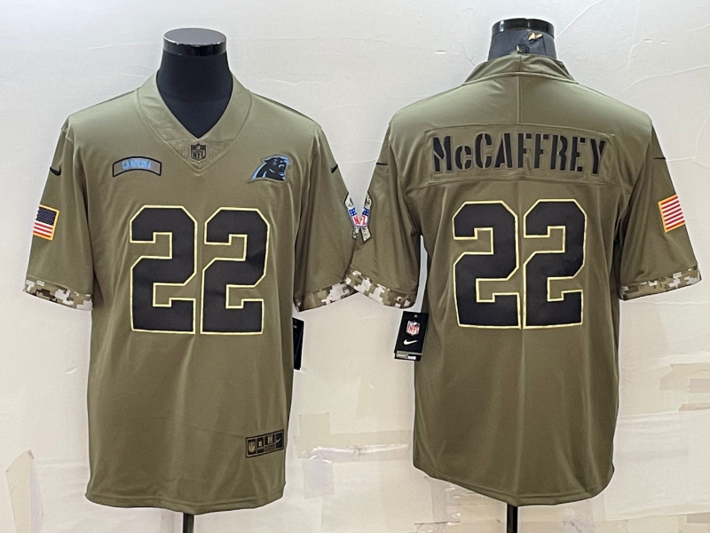 Men's Carolina Panthers Christian McCaffrey #22 Olive 2022 Salute To Service Limited Jerseys