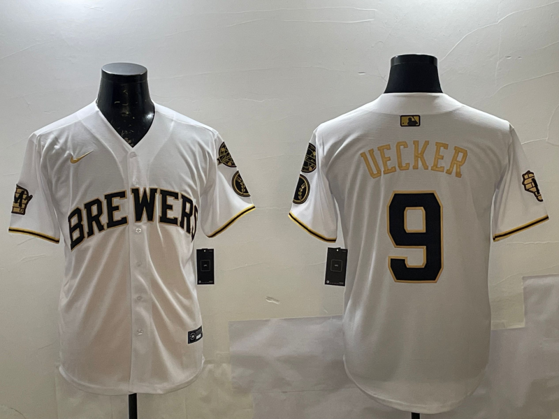 Men's Milwaukee Brewers Bob Uecker #9 White Replica Team Jerseys