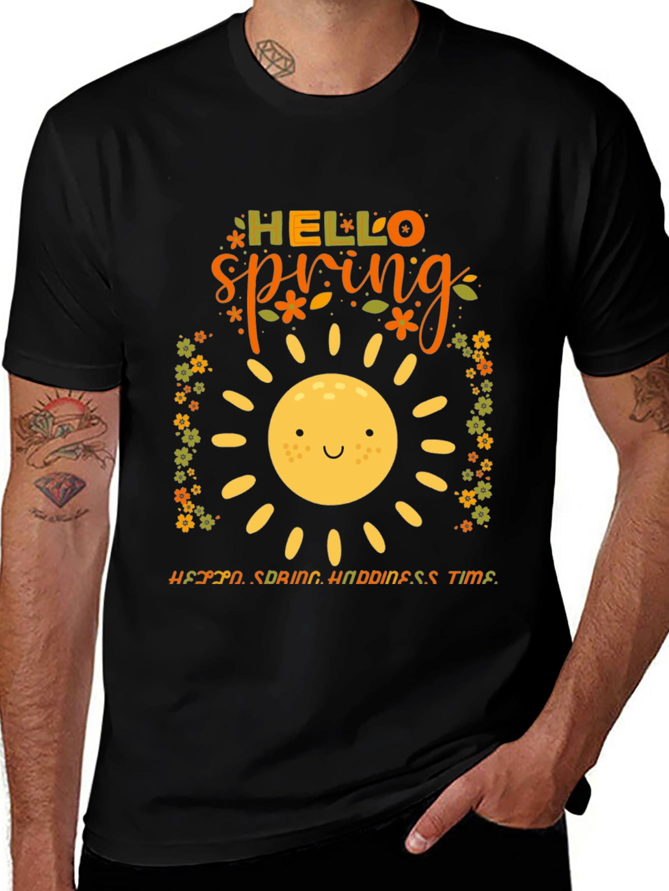 Hello Spring Graphic Tee - Black Cotton T-Shirt