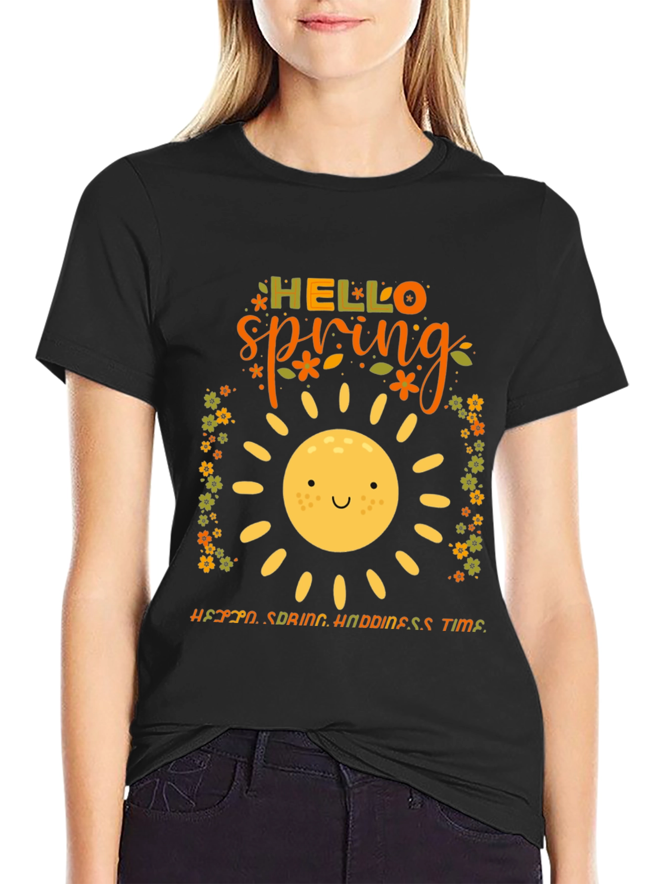Hello Spring Graphic Tee - Black Cotton T-Shirt
