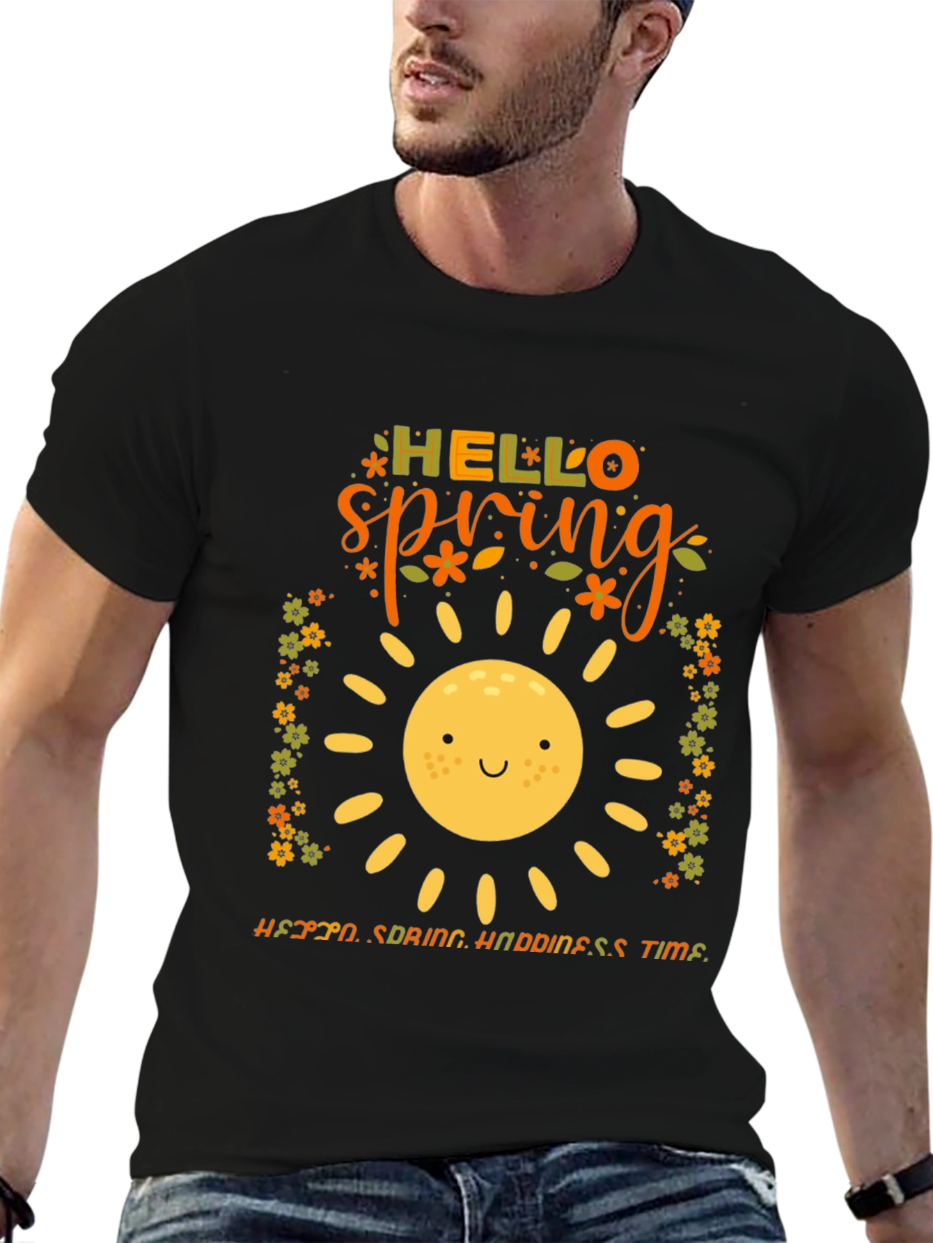 Hello Spring Graphic Tee - Black Cotton T-Shirt