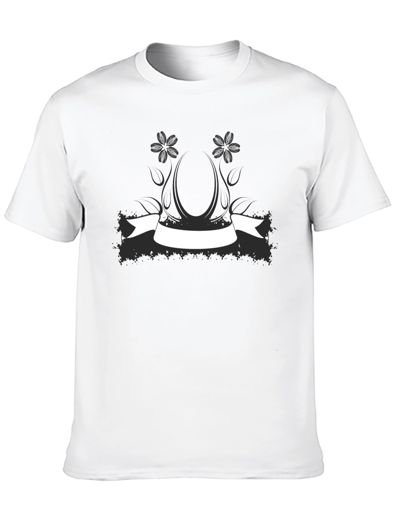Black T-Shirt with Floral & Banner Graphic