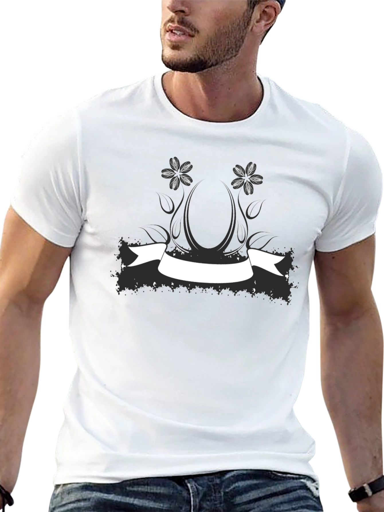 Black T-Shirt with Floral & Banner Graphic