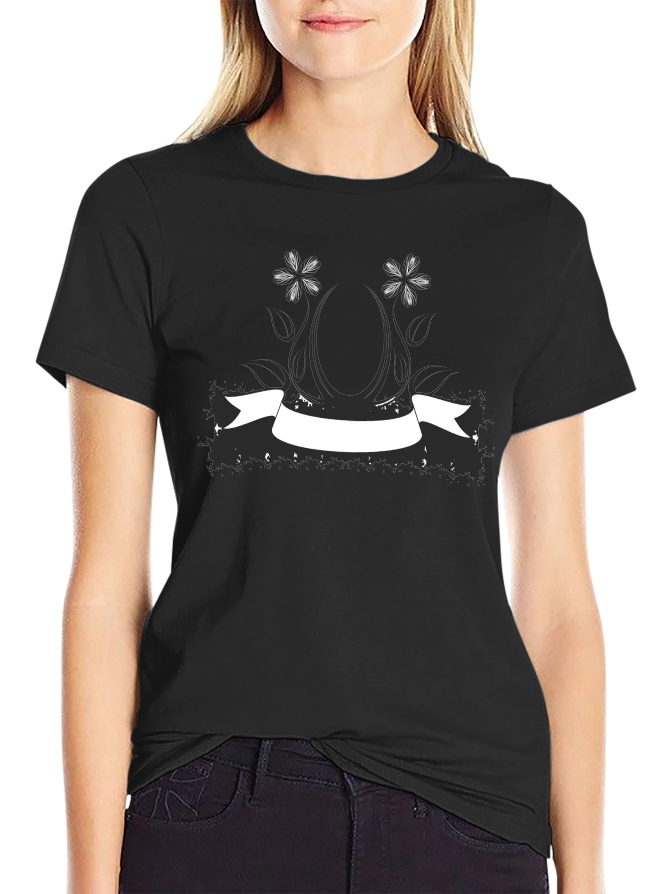 Black T-Shirt with Floral & Banner Graphic