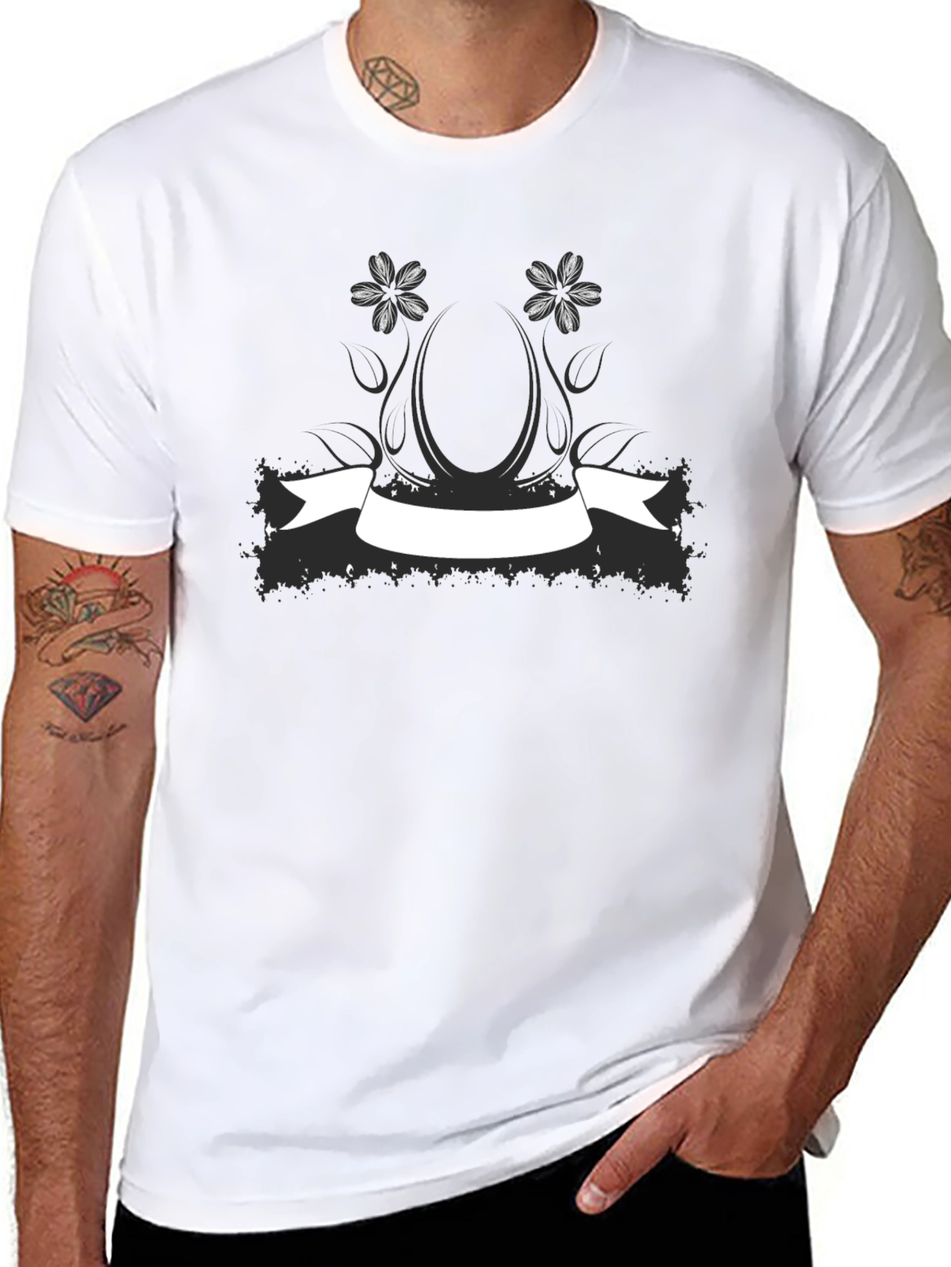Black T-Shirt with Floral & Banner Graphic