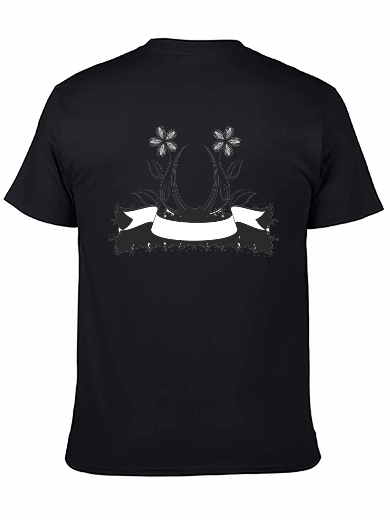 Black T-Shirt with Floral & Banner Graphic