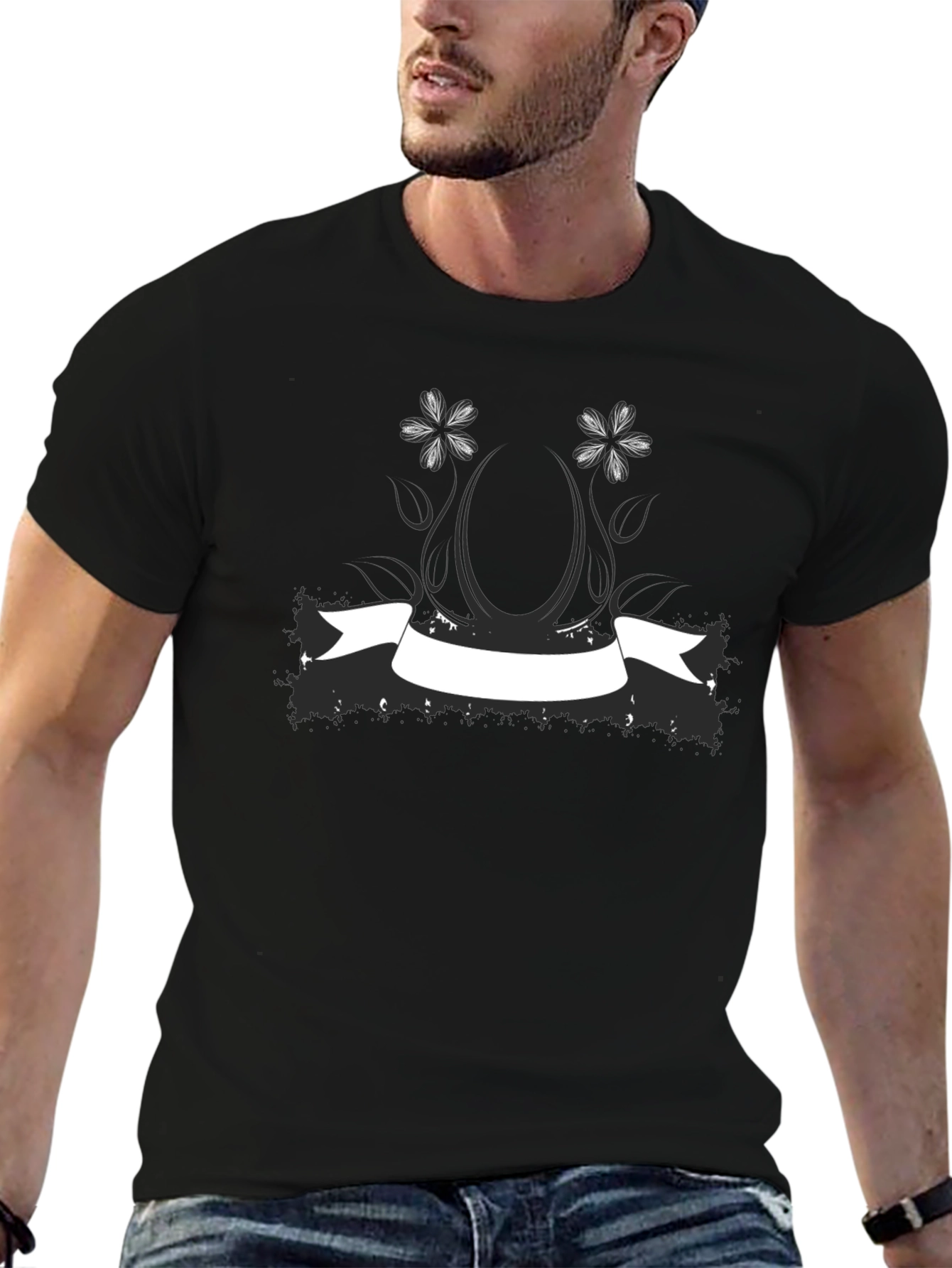 Black T-Shirt with Floral & Banner Graphic