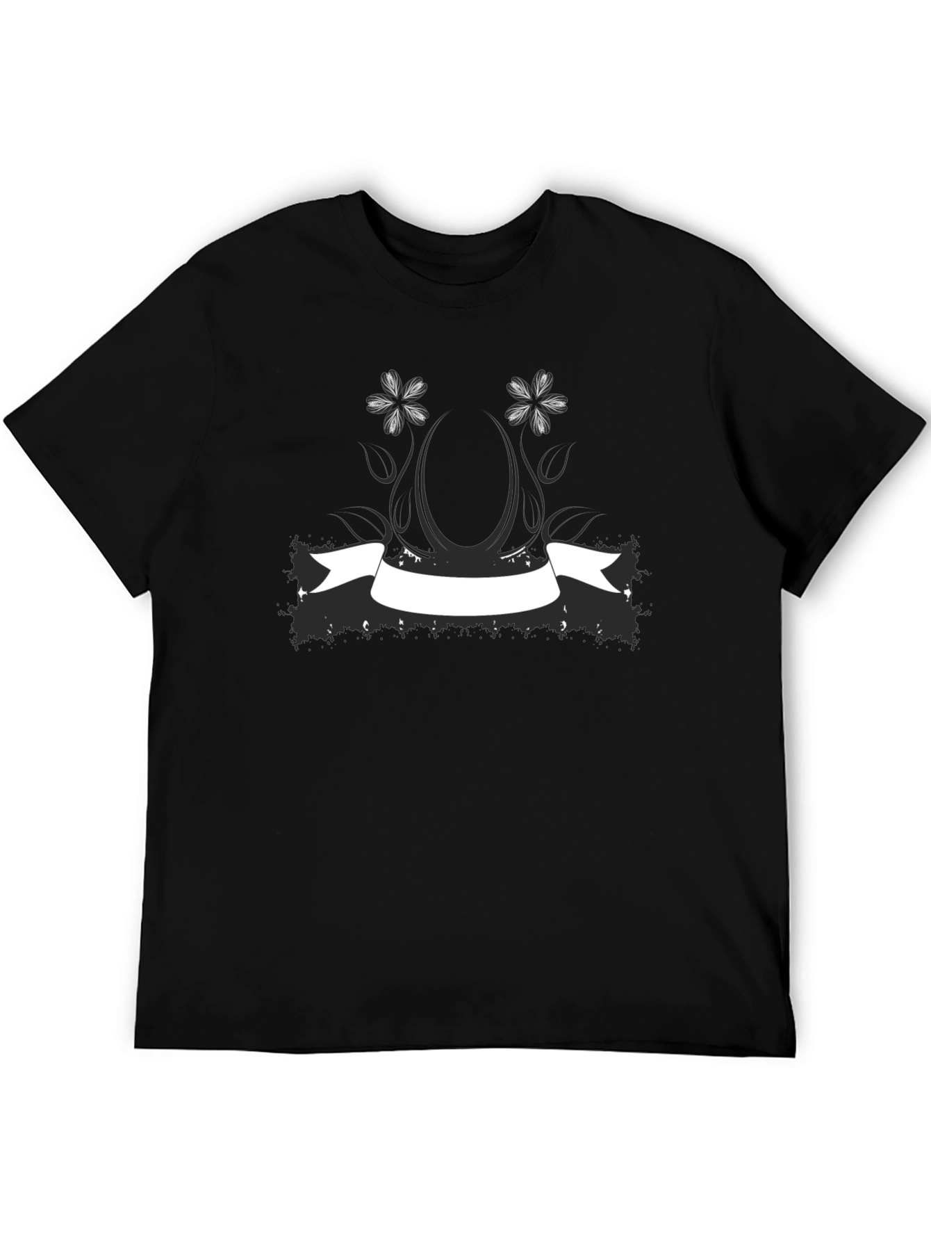 Black T-Shirt with Floral & Banner Graphic