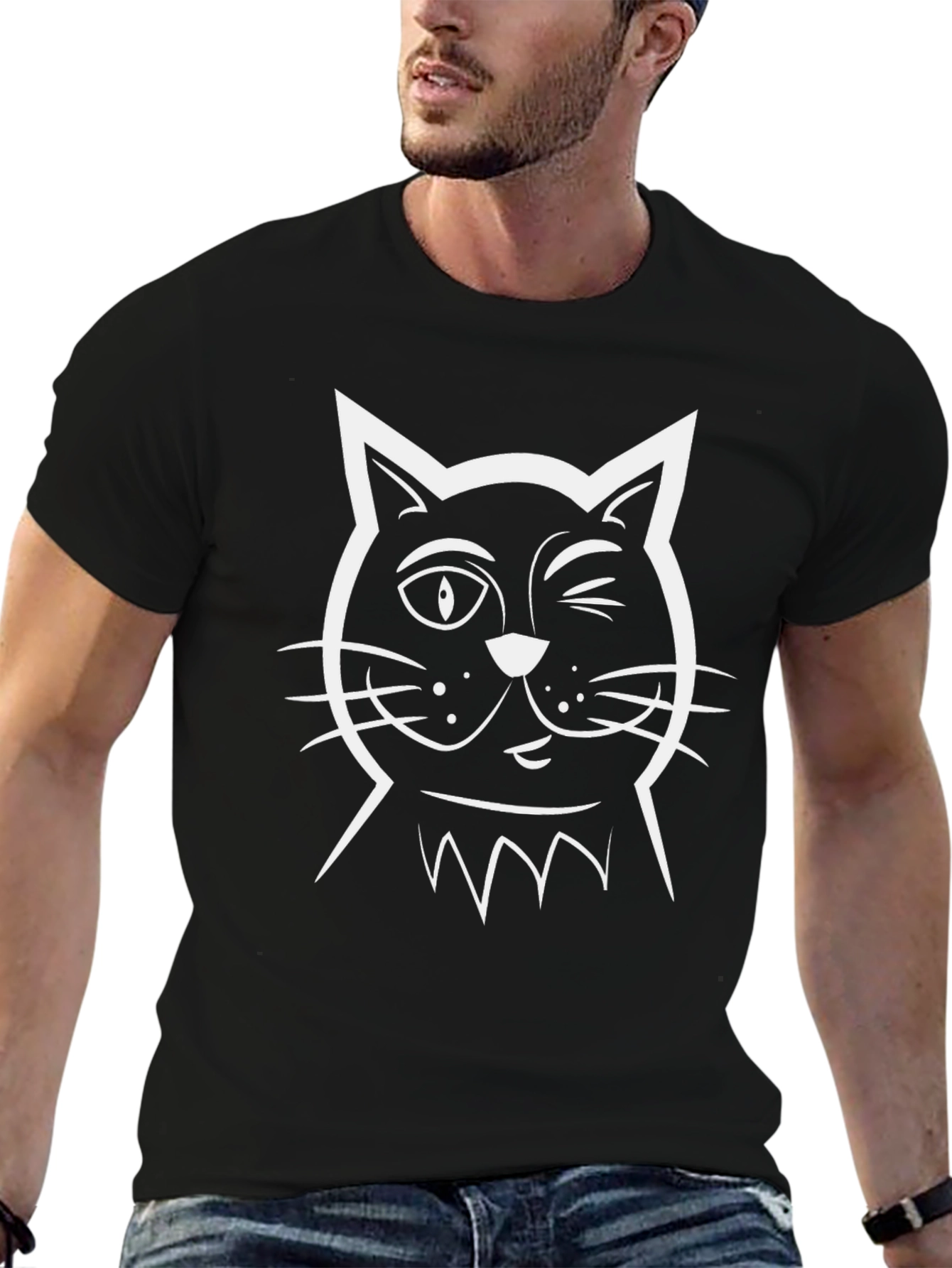 Mens Black Cat Graphic T-Shirt - Winking Kitten Design