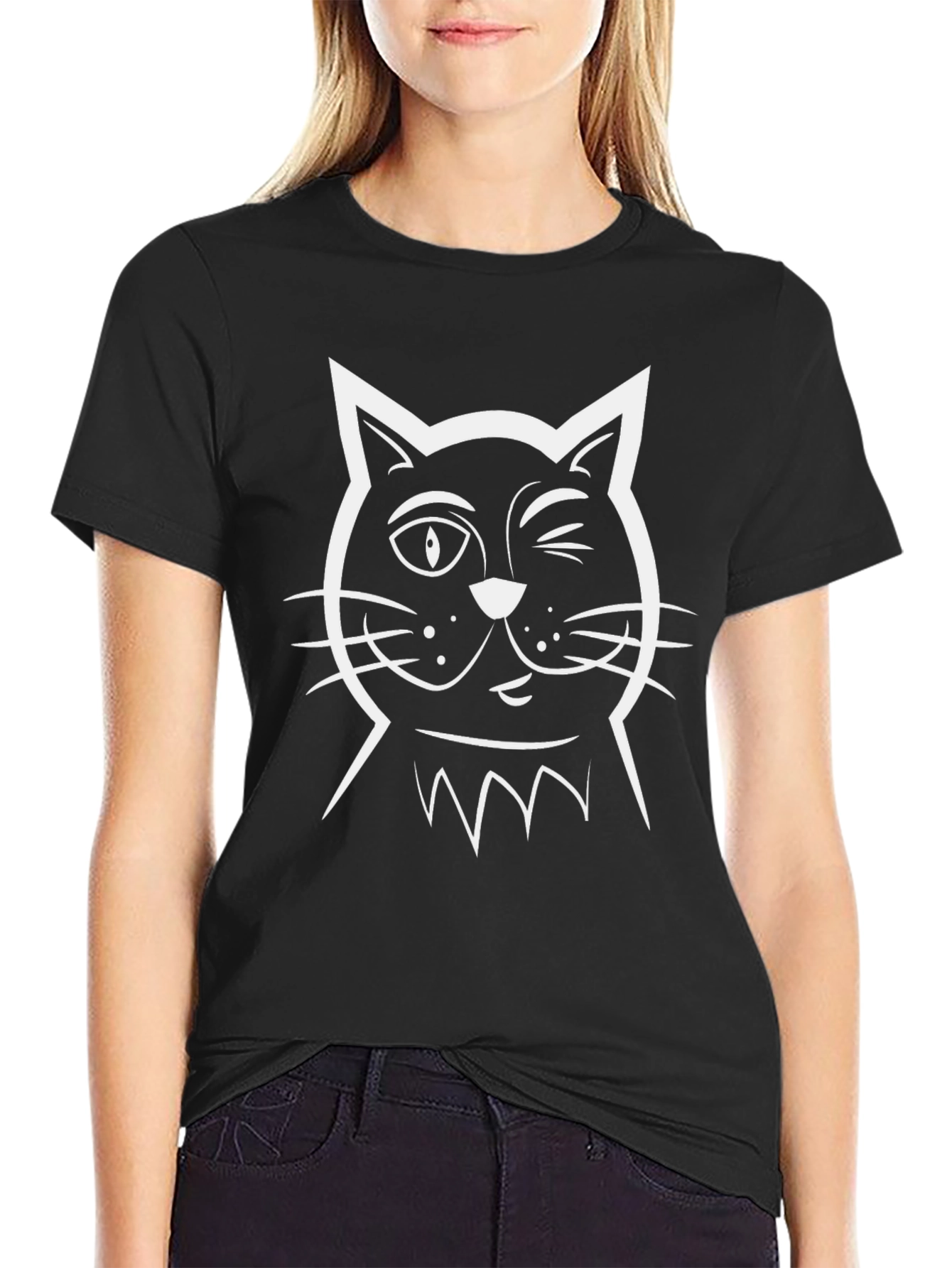 Mens Black Cat Graphic T-Shirt - Winking Kitten Design