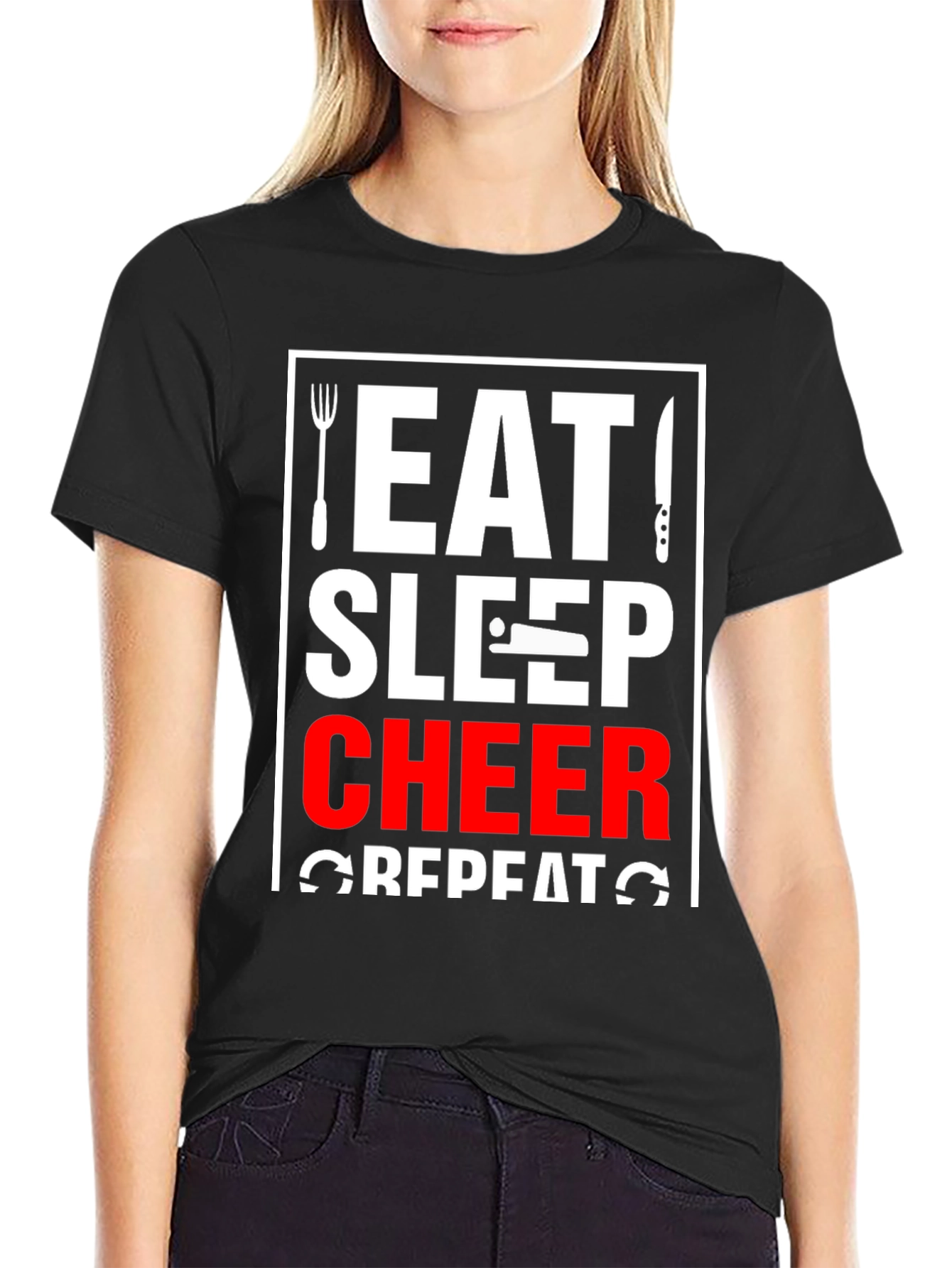 Eat Sleep Cheer Repeat Black T-Shirt