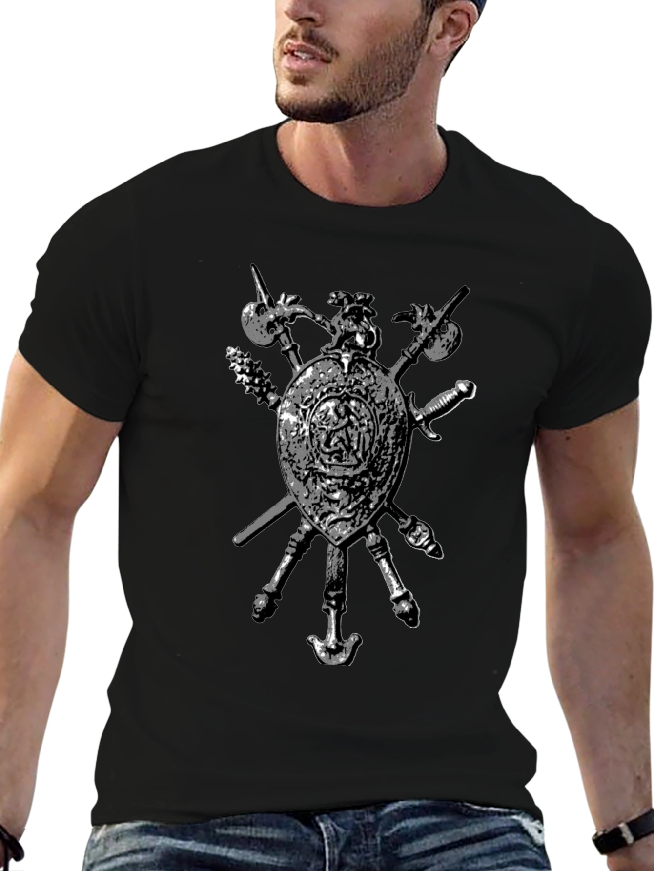 Medieval Shield & Weapons Graphic T-Shirt - Black