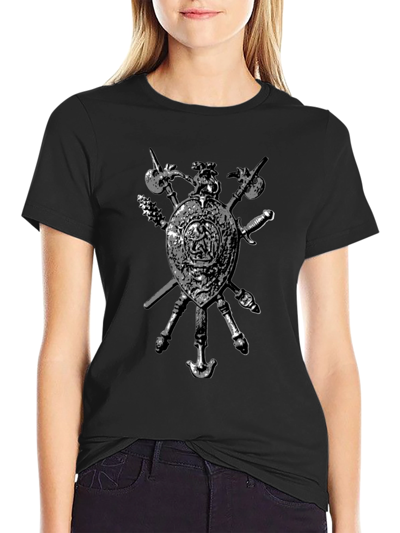 Medieval Shield & Weapons Graphic T-Shirt - Black