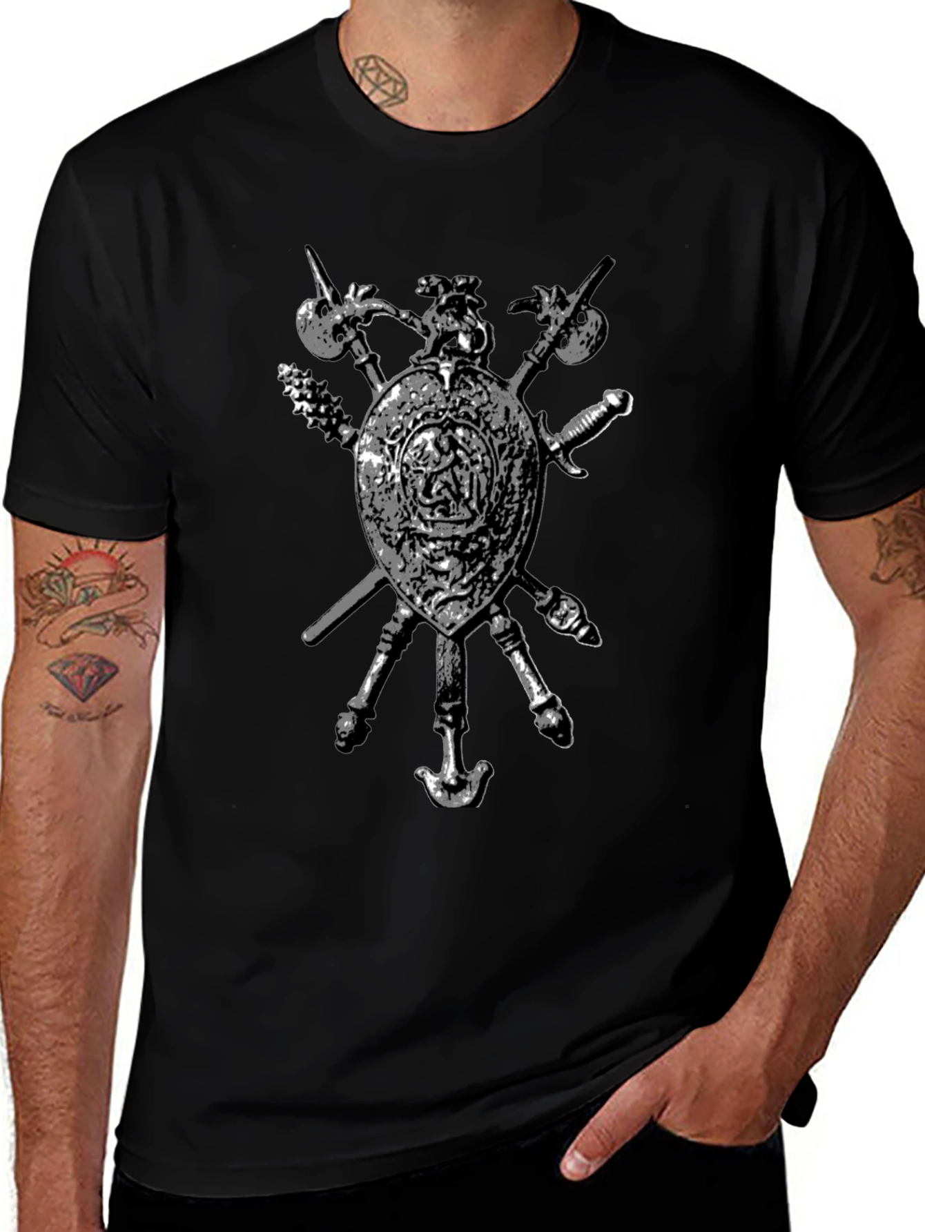 Medieval Shield & Weapons Graphic T-Shirt - Black
