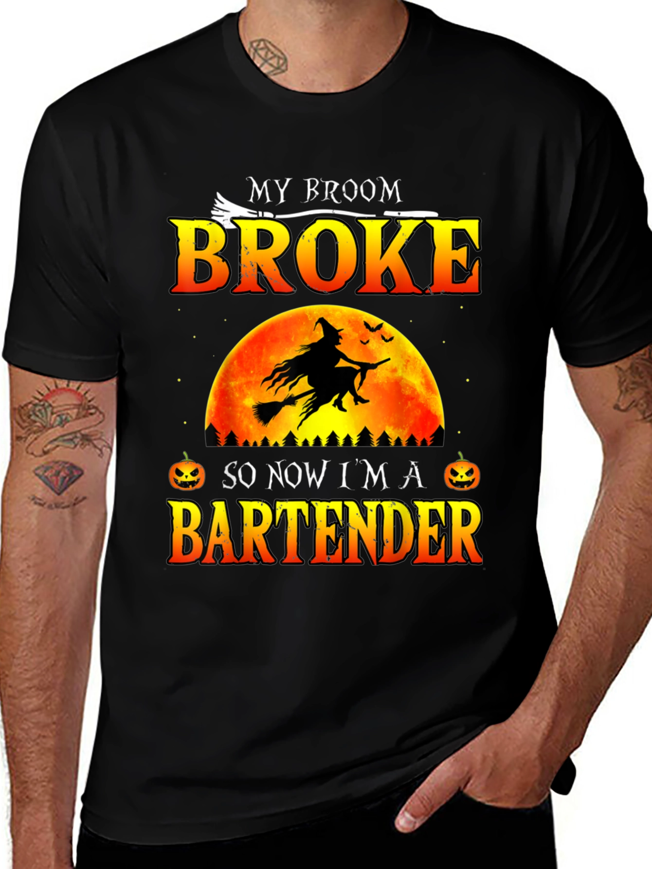 Broke Broom Bartender T-Shirt - Halloween Graphic Tee