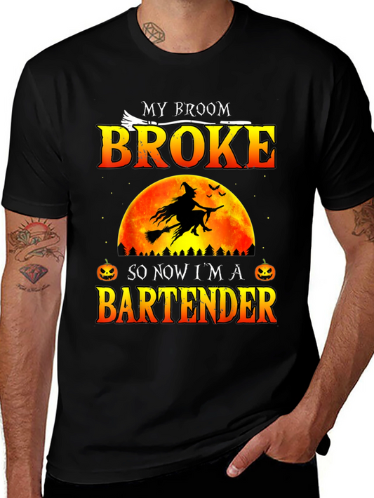 Broke Broom Bartender T-Shirt - Halloween Graphic Tee