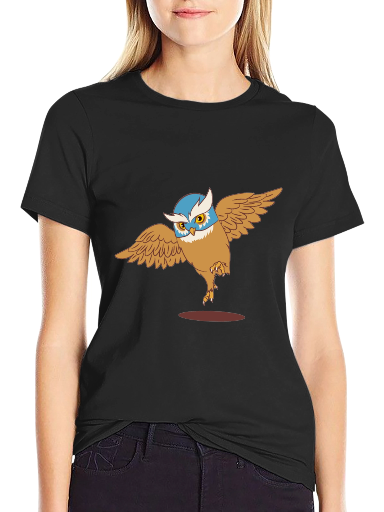Owl Cartoon Graphic Print Black T-Shirt