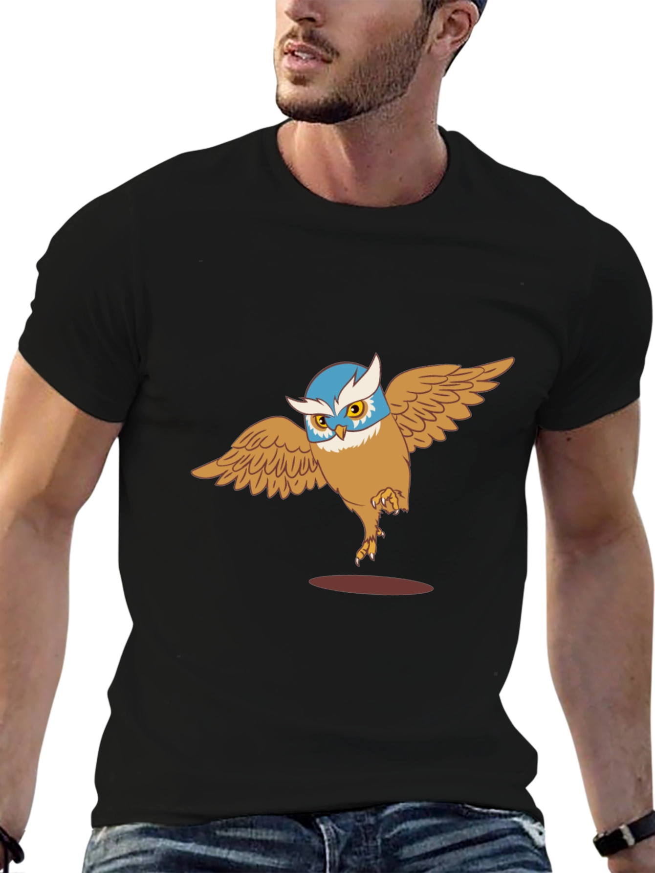 Owl Cartoon Graphic Print Black T-Shirt