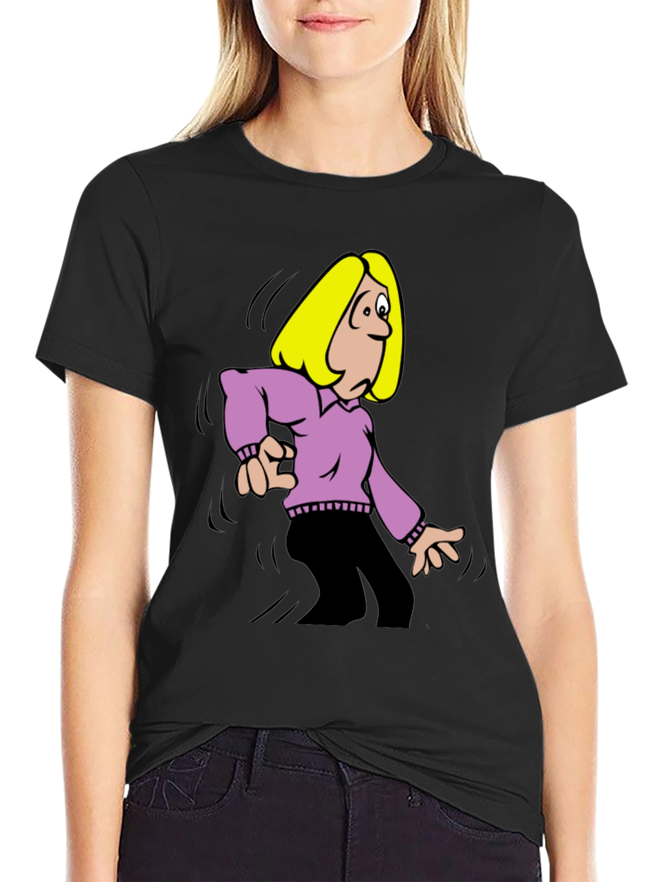 Cartoon Woman Graphic T-Shirt - Black
