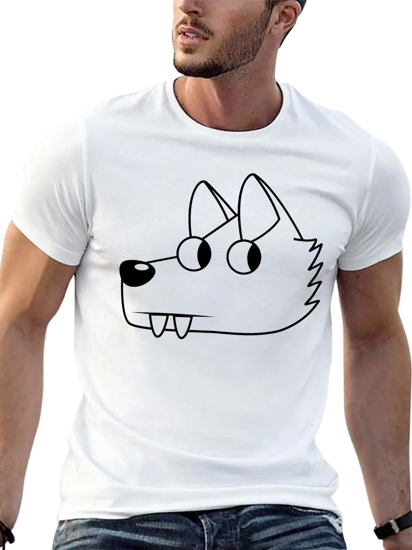 Cartoon Wolf Graphic Tee - Black Crew Neck T-Shirt