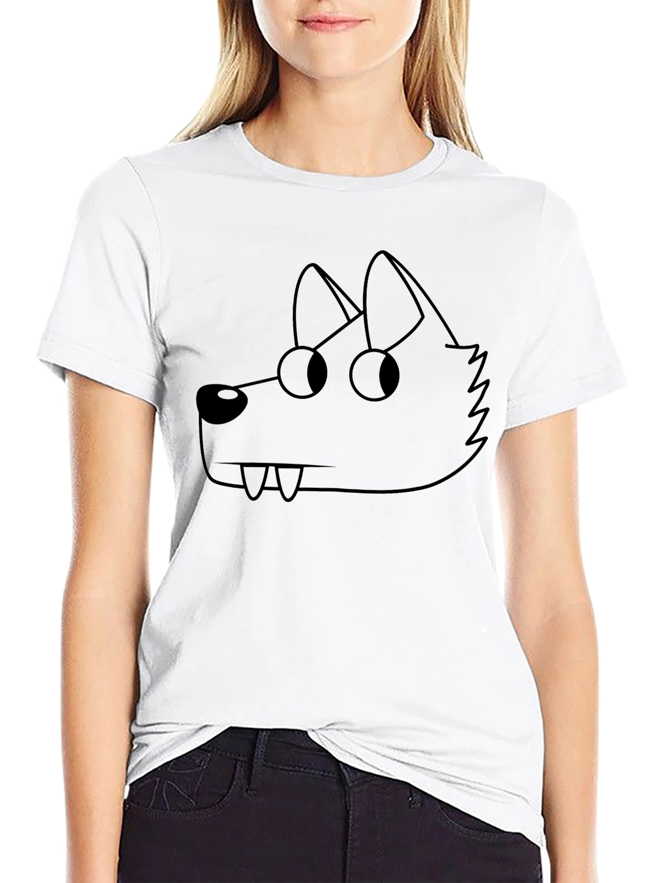 Cartoon Wolf Graphic Tee - Black Crew Neck T-Shirt