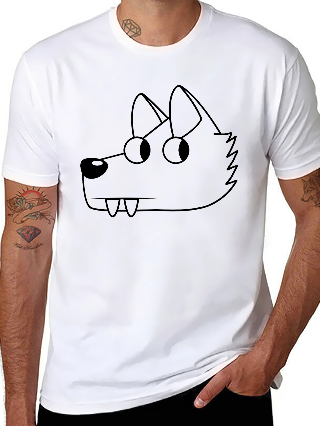 Cartoon Wolf Graphic Tee - Black Crew Neck T-Shirt