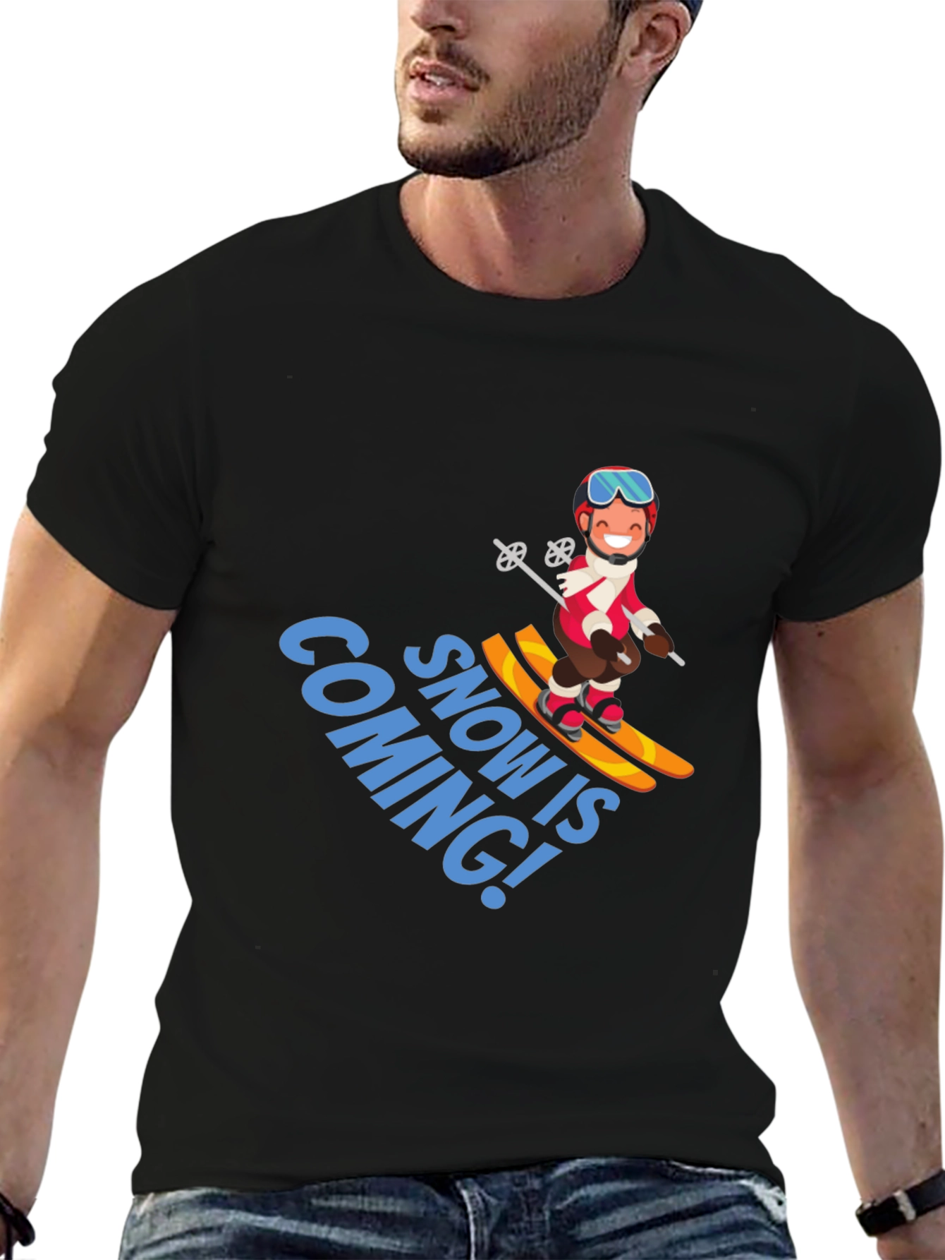 Snow is Coming! Cartoon Skier Graphic T-Shirt