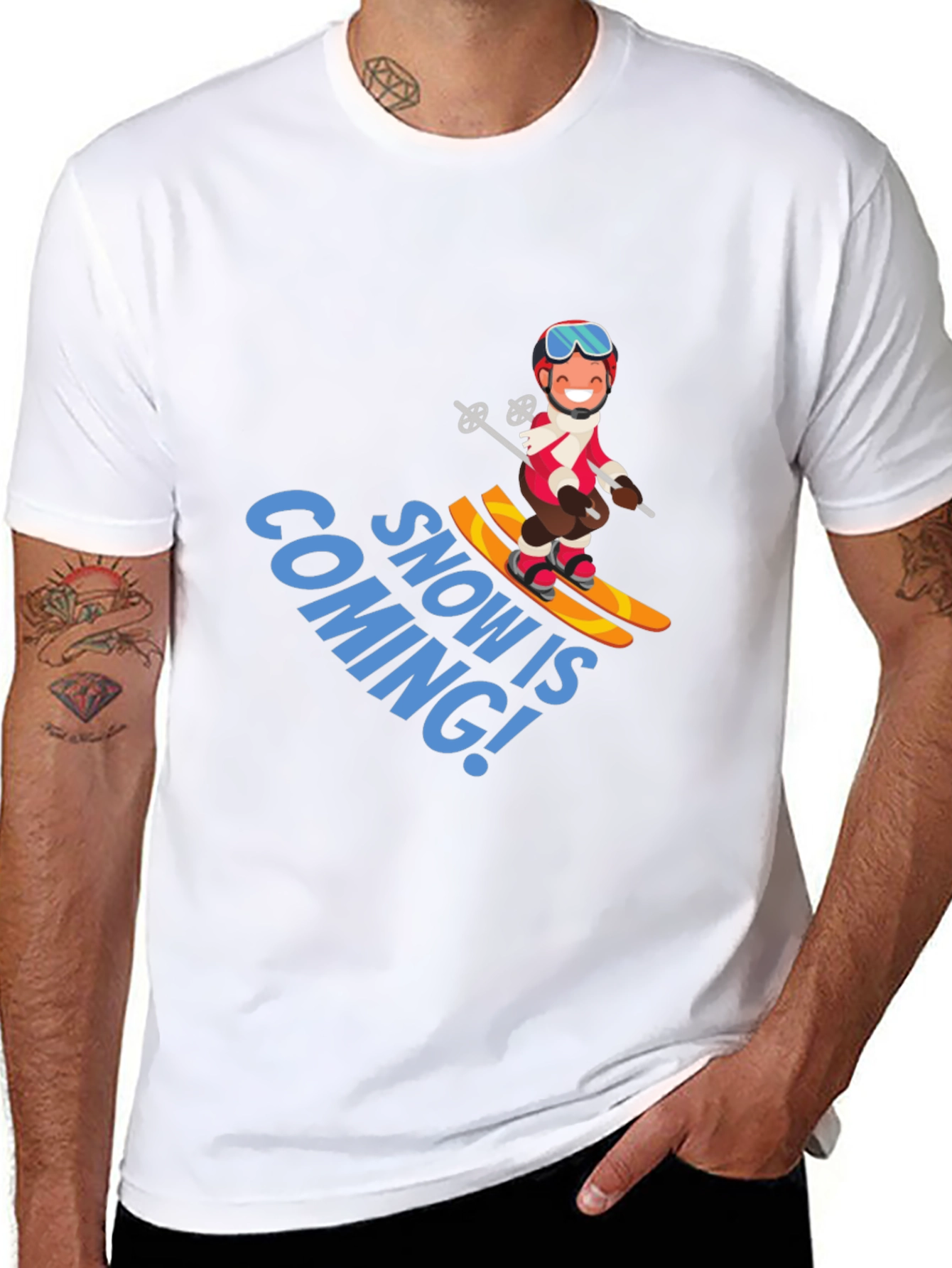 Snow is Coming! Cartoon Skier Graphic T-Shirt