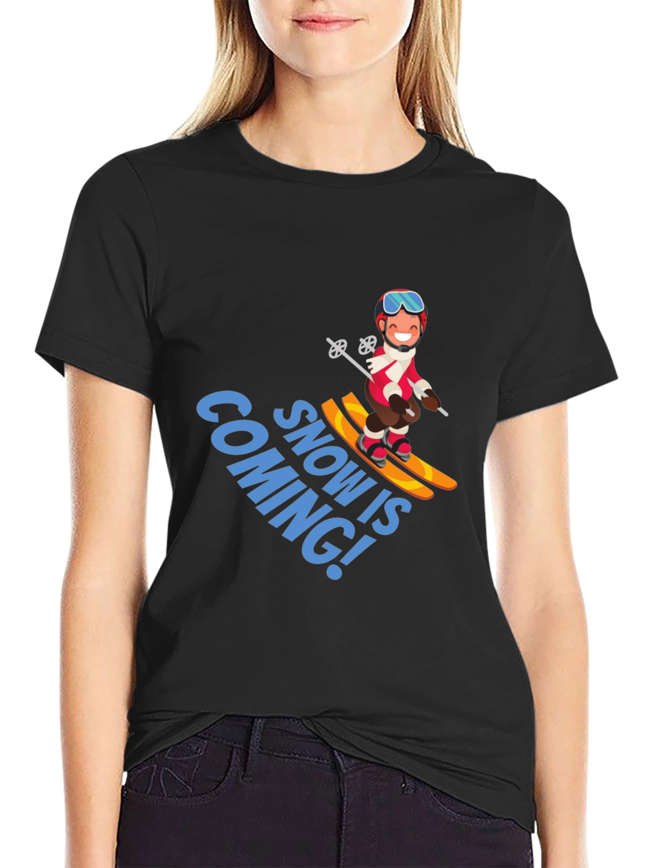Snow is Coming! Cartoon Skier Graphic T-Shirt