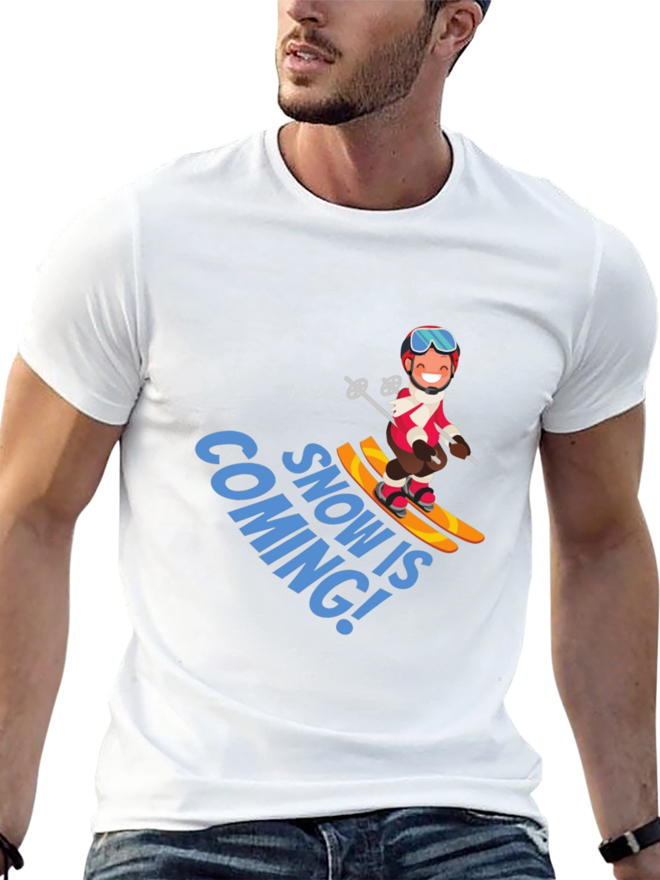 Snow is Coming! Cartoon Skier Graphic T-Shirt