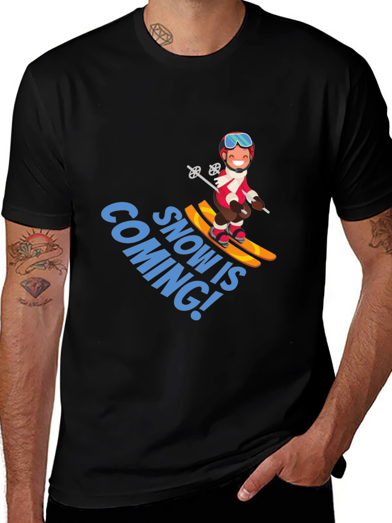 Snow is Coming! Cartoon Skier Graphic T-Shirt
