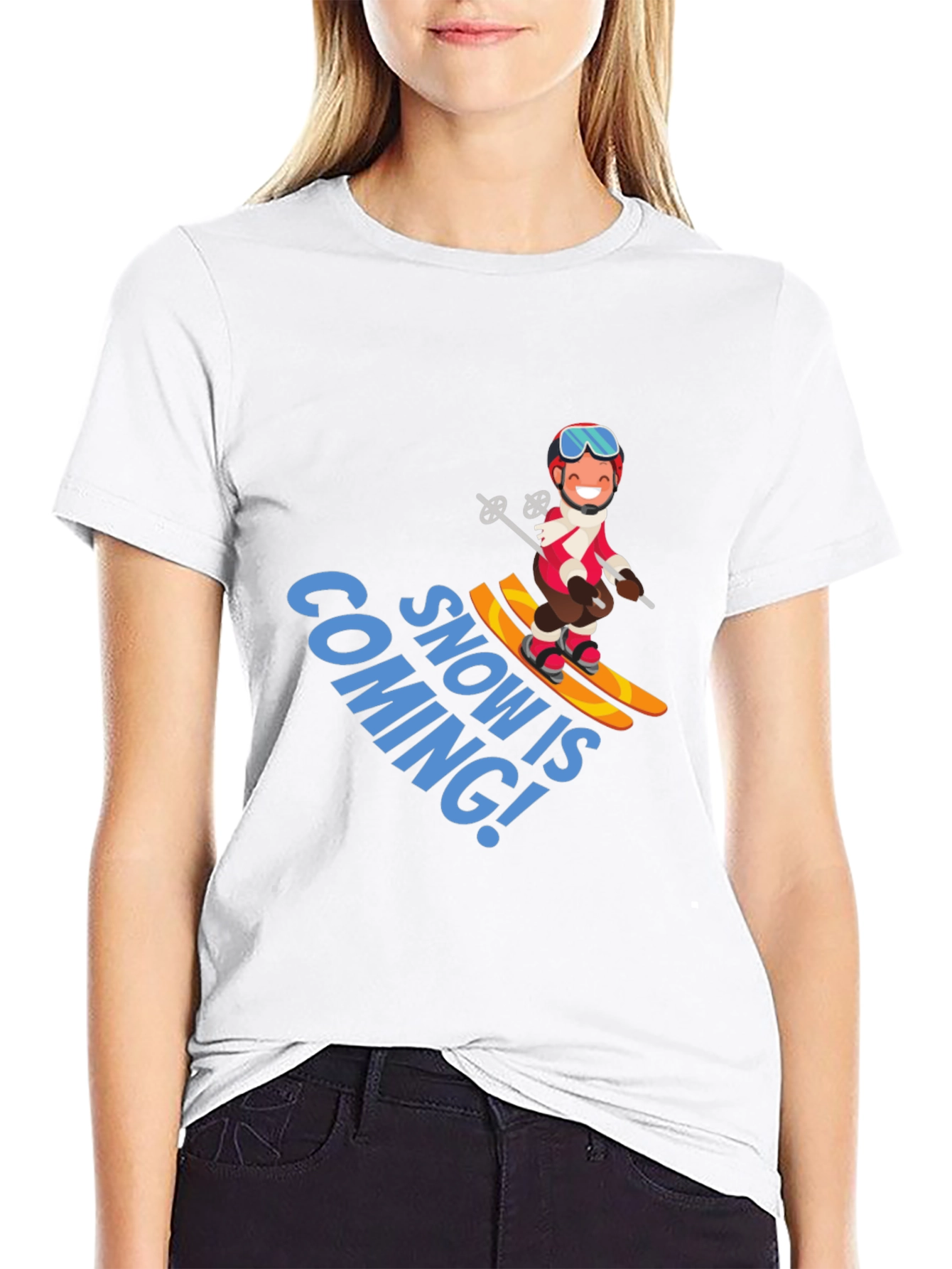 Snow is Coming! Cartoon Skier Graphic T-Shirt