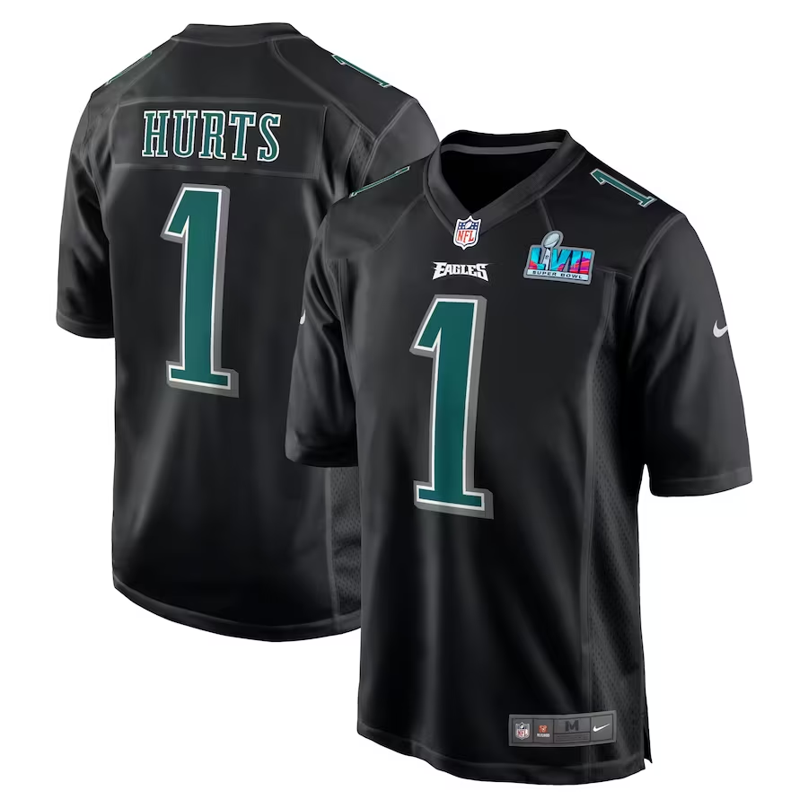 Men's Philadelphia Eagles Jalen Hurts #1 Black Super Bowl LVII Patch Fashion Game Jerseys