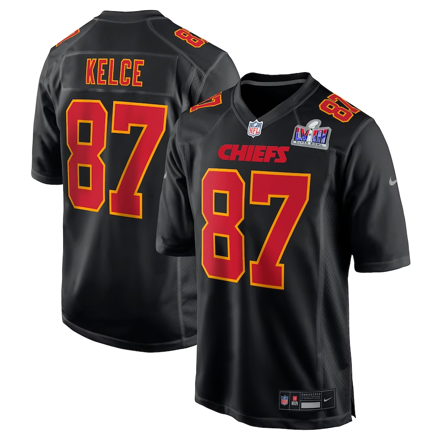 Men's Kansas City Chiefs Travis Kelce #87 Black Super Bowl LVIII Carbon Fashion Game Player Jerseys