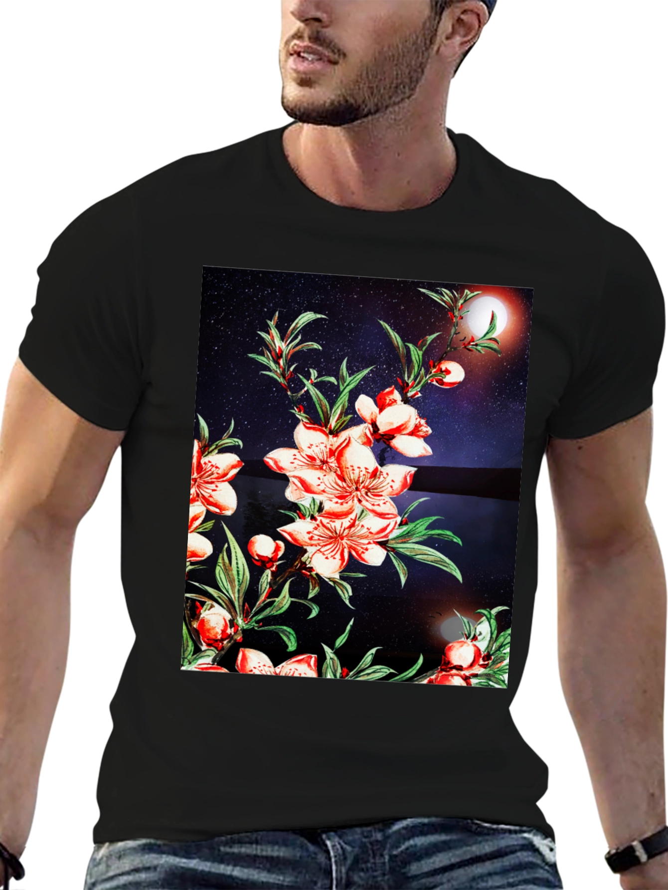 Floral Print T-Shirt - Black Casual Tee