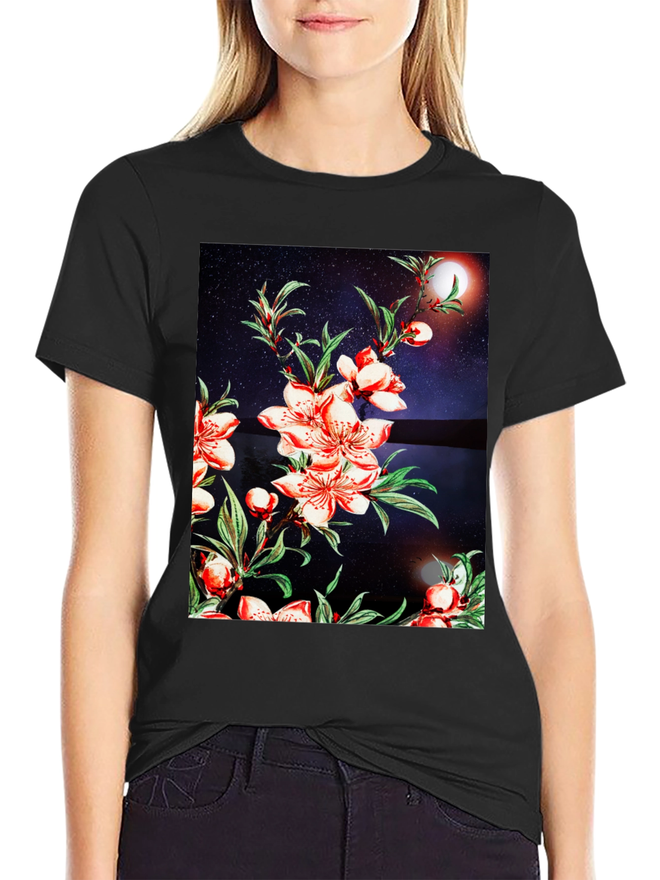 Floral Print T-Shirt - Black Casual Tee