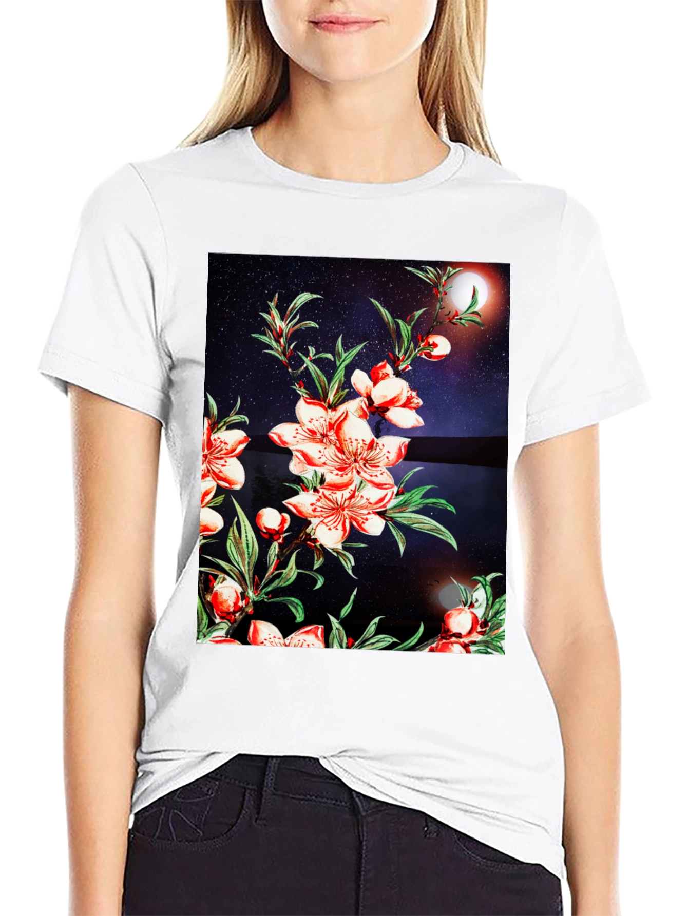 Floral Print T-Shirt - Black Casual Tee