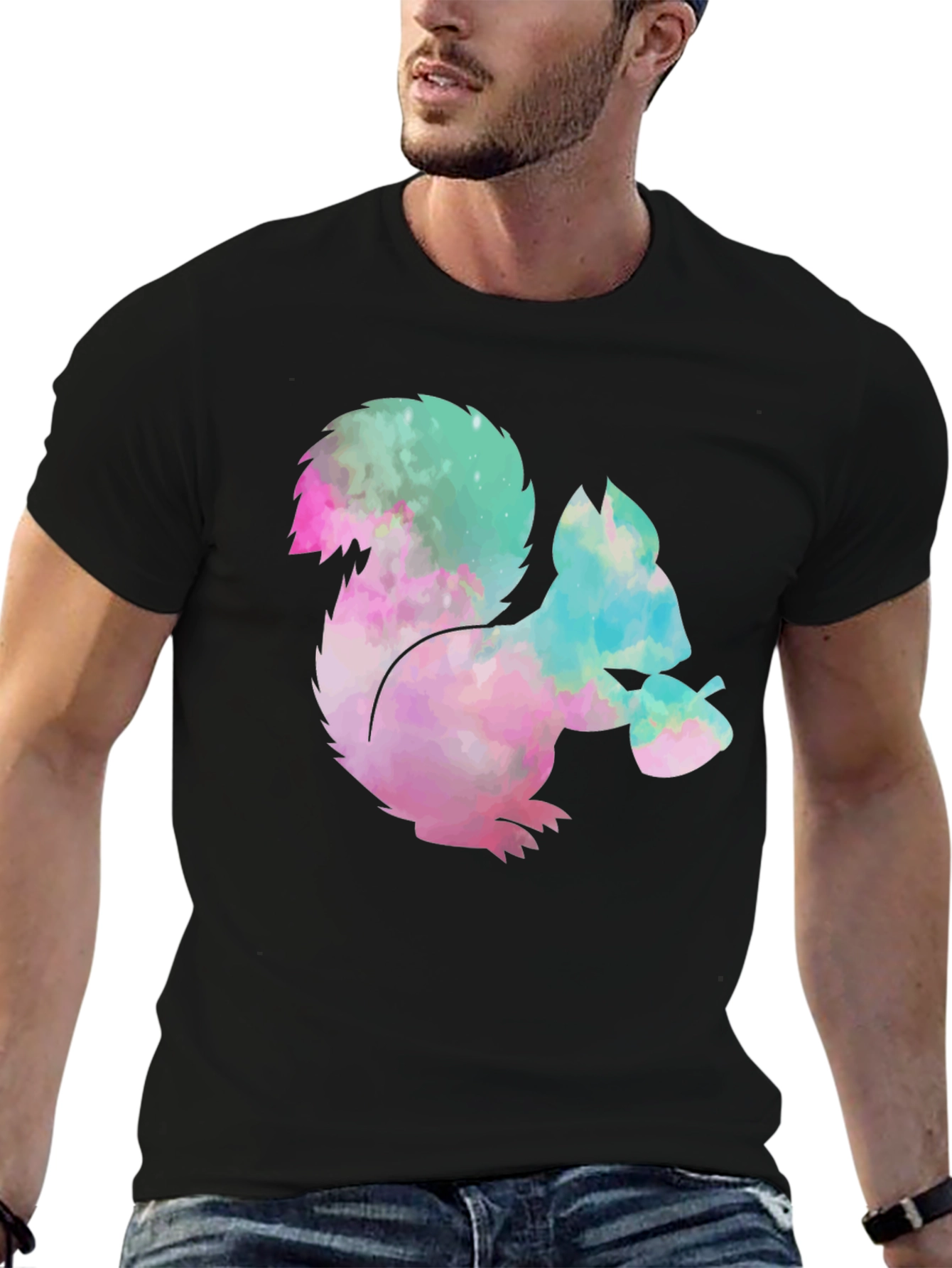 Squirrel Tie-Dye Graphic T-Shirt - Black Cotton Tee