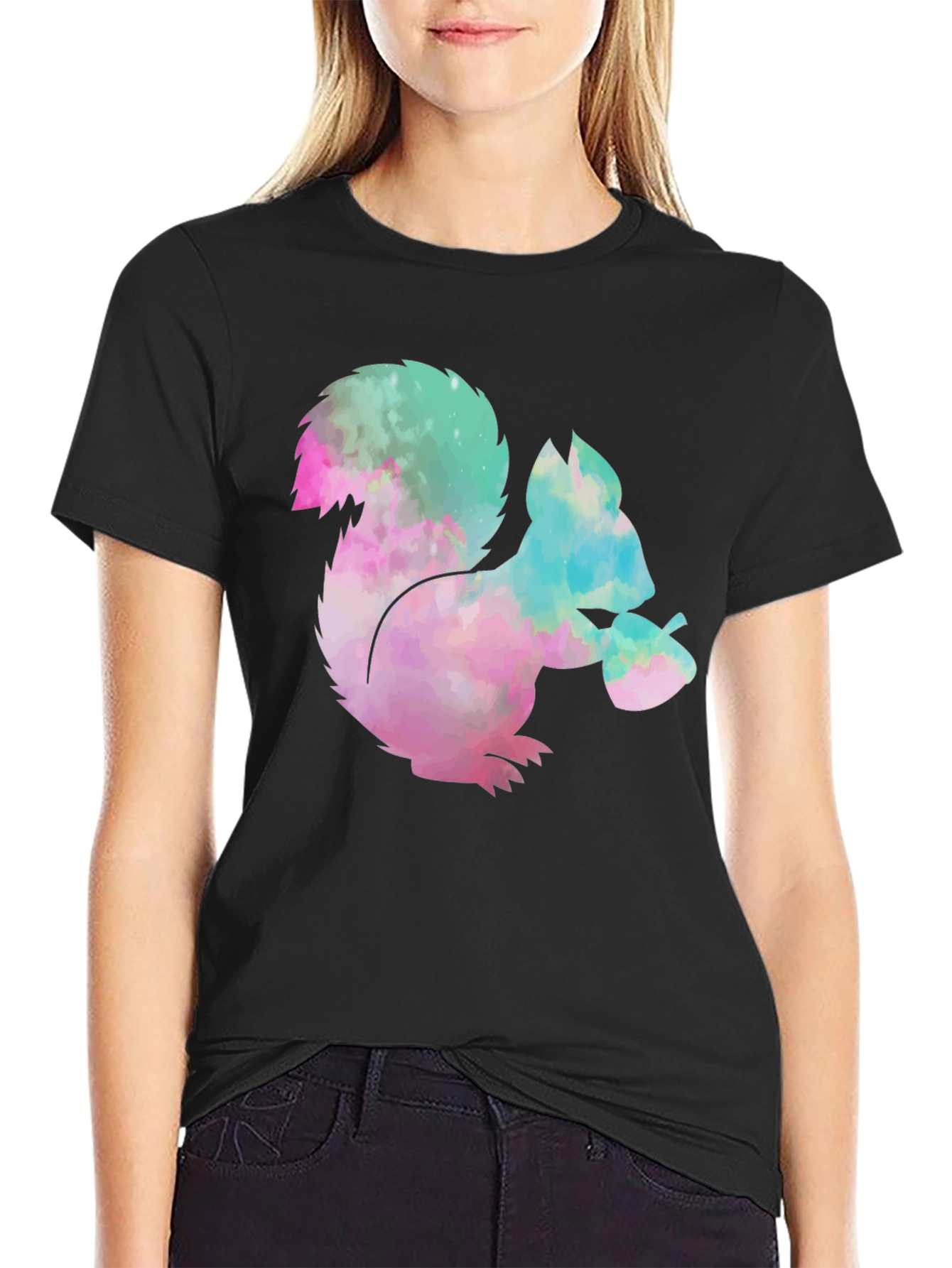 Squirrel Tie-Dye Graphic T-Shirt - Black Cotton Tee