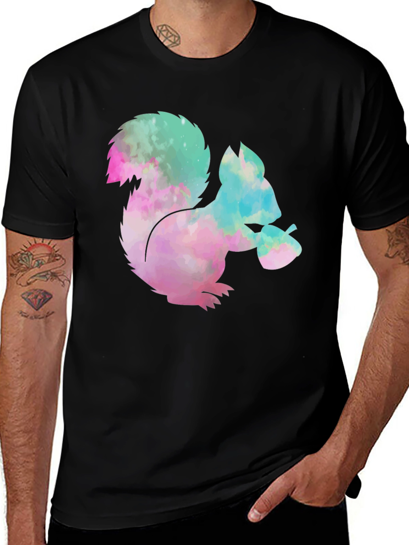 Squirrel Tie-Dye Graphic T-Shirt - Black Cotton Tee