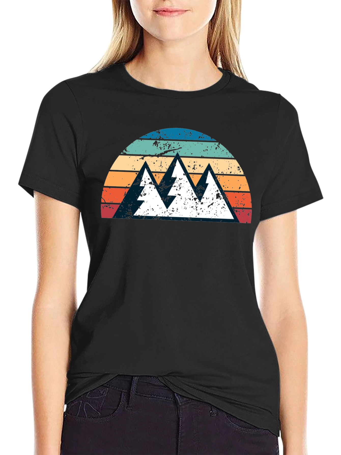 Retro Mountain Sunset Graphic Tee - Black Cotton Shirt